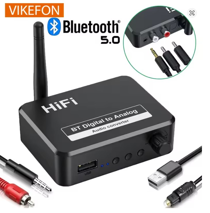 BLS-B35 VIKEFON Аналогов аудио DAC конвертор адаптер с цифров SPDIF оптичен Toslink, 3.5mm-3.5 AUX жак, RCA L/R, Bluetooth 5.0 приемник